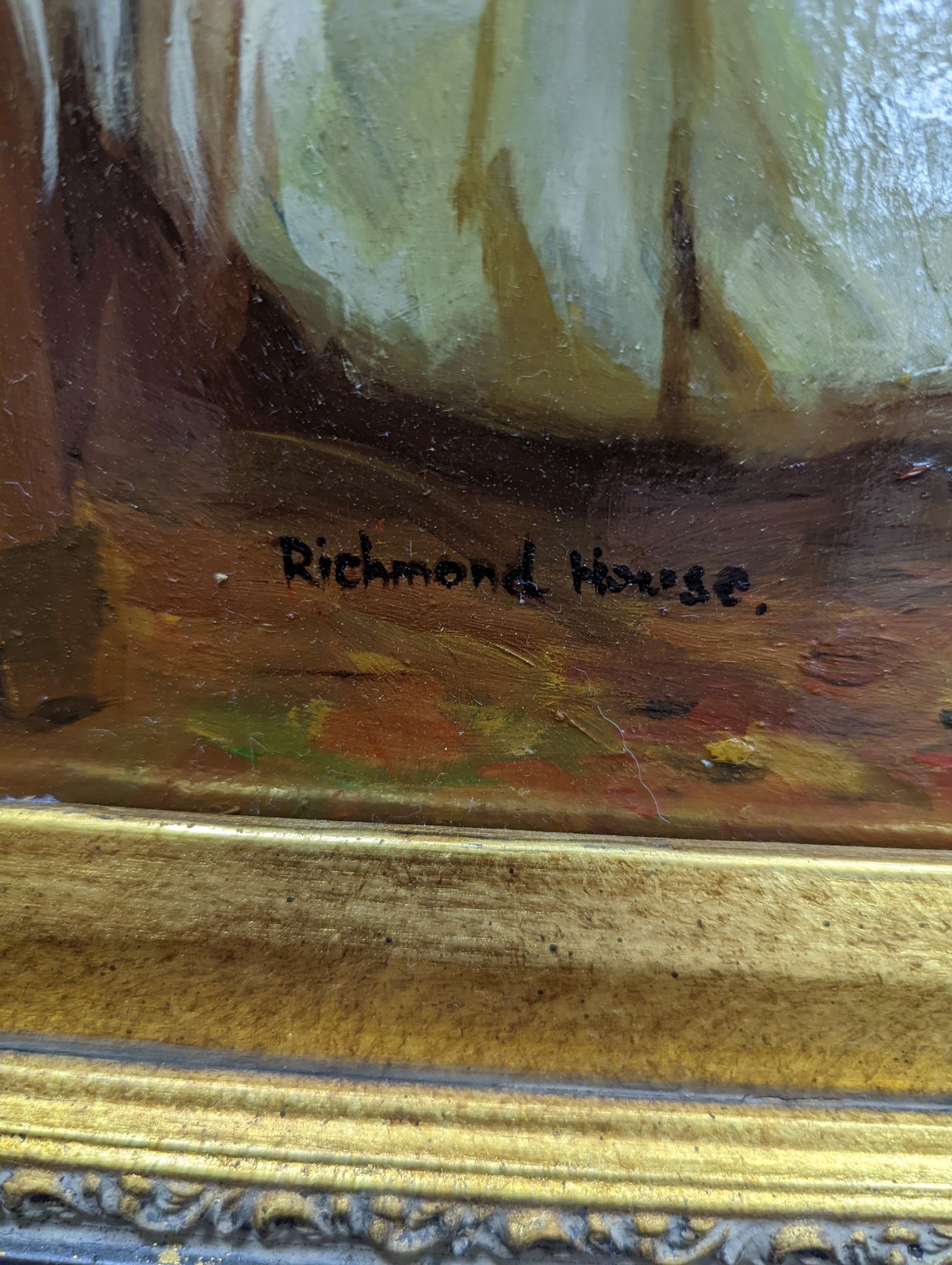 Richmond House, oil on board, Mother and children in a garden, signed, 50 x 40cm